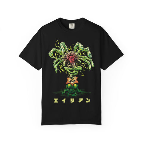 Black t-shirt with a green and red graphic design on a white background