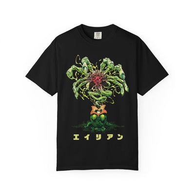 Black t-shirt with a green and red graphic design on a white background
