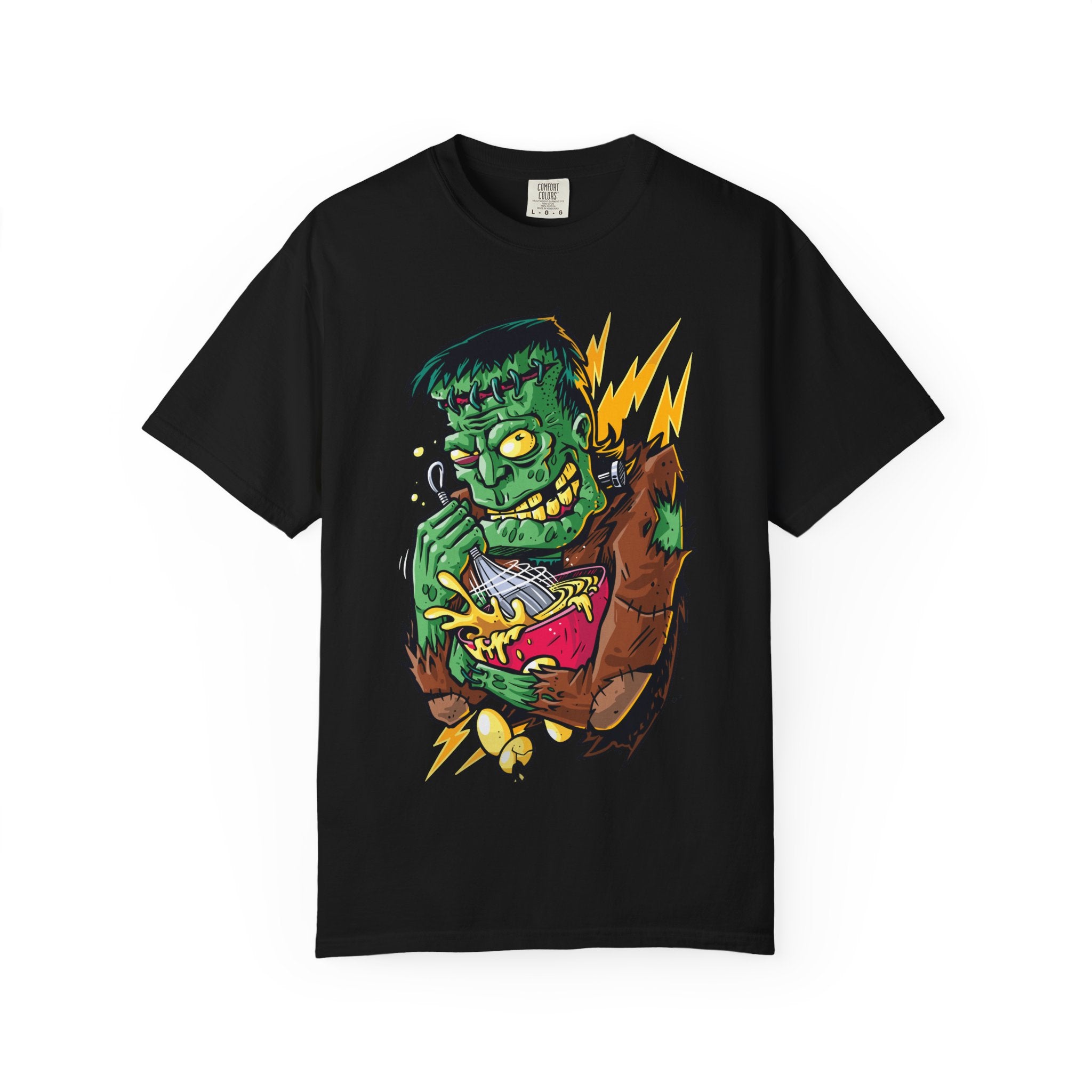 Black t-shirt with a colorful zombie graphic design on a white background