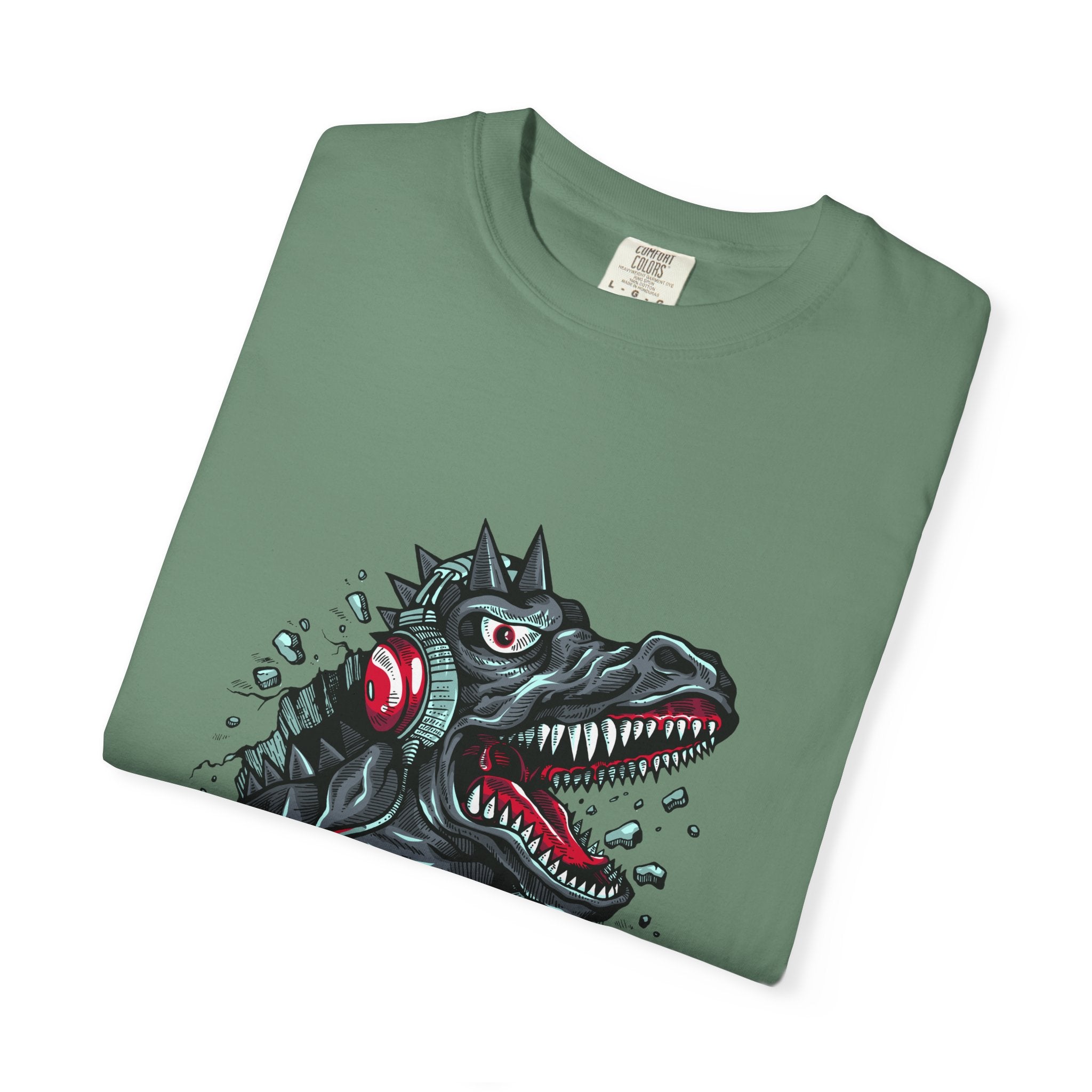 Dinosaur with Headphones Breaking Wall Graphic Design T-Shirt - Sinful Threads