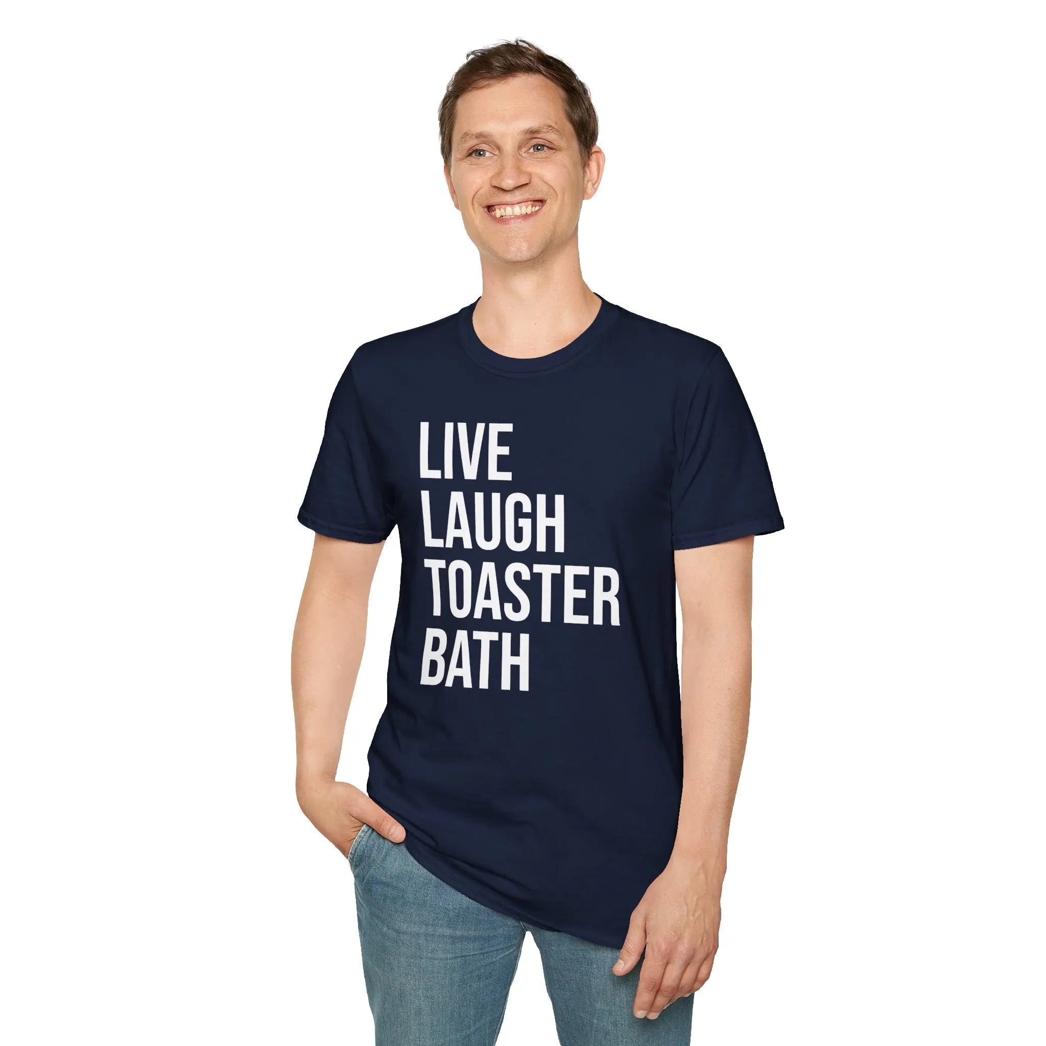 Live Laugh Toaster Bath Tee - Dark Humor Graphic Parody Shirt Printify