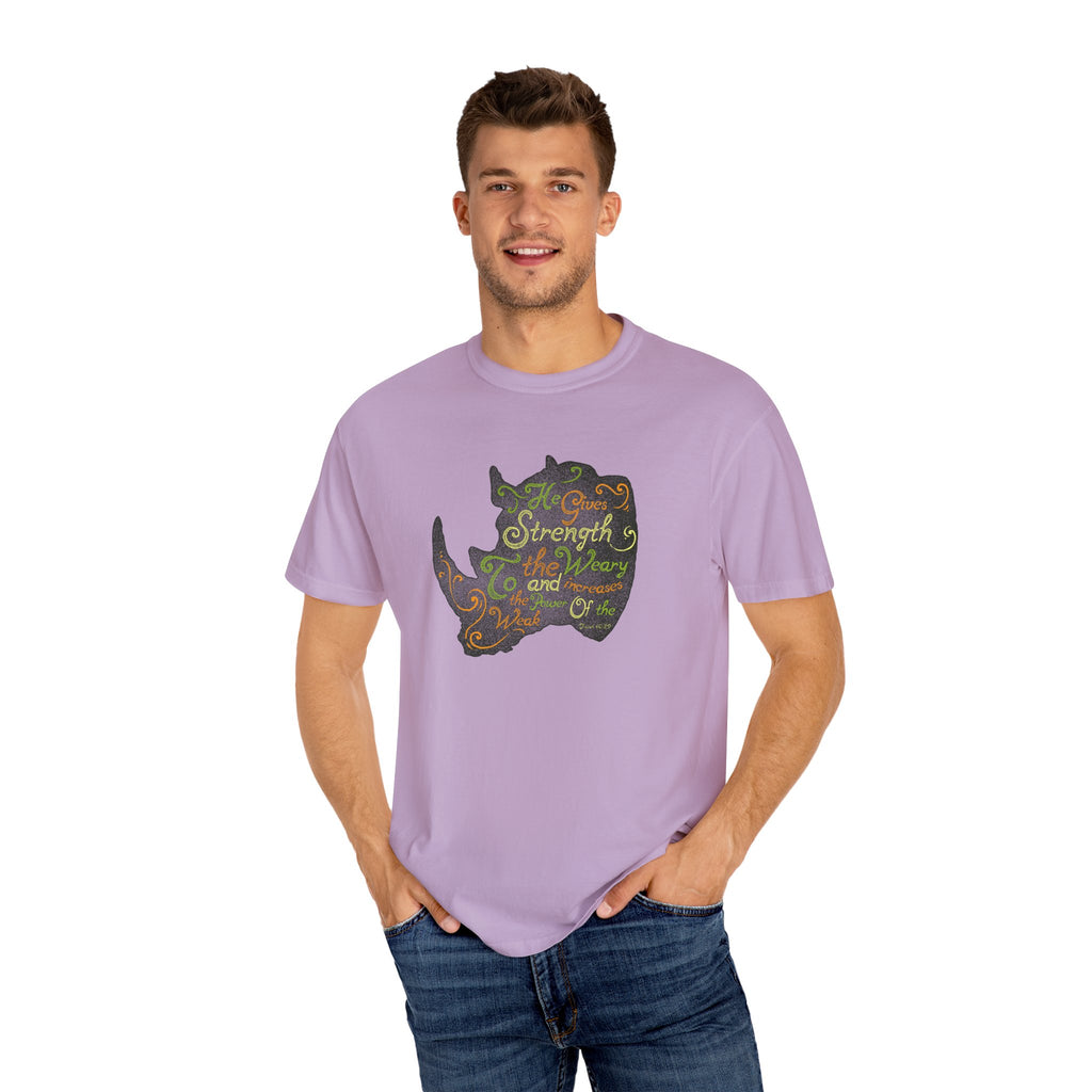 He Gives Strength to the Weary Rhino T-Shirt - Sinful Threads