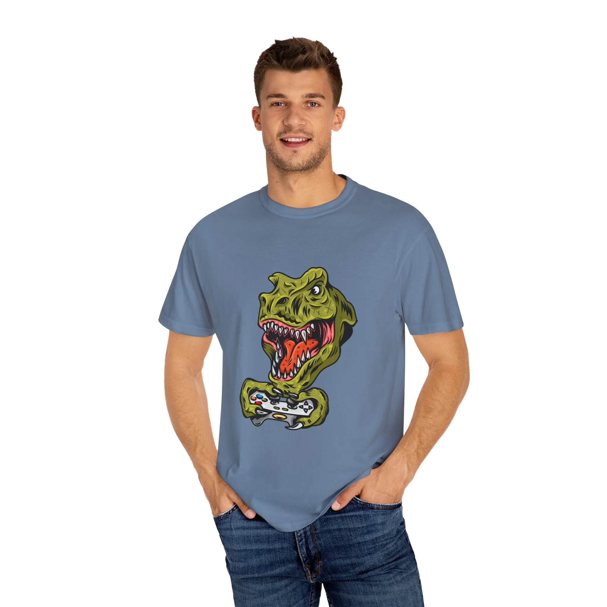 Dino Gamer Rex with Controller Video Game Fan T-Shirt - Sinful Threads