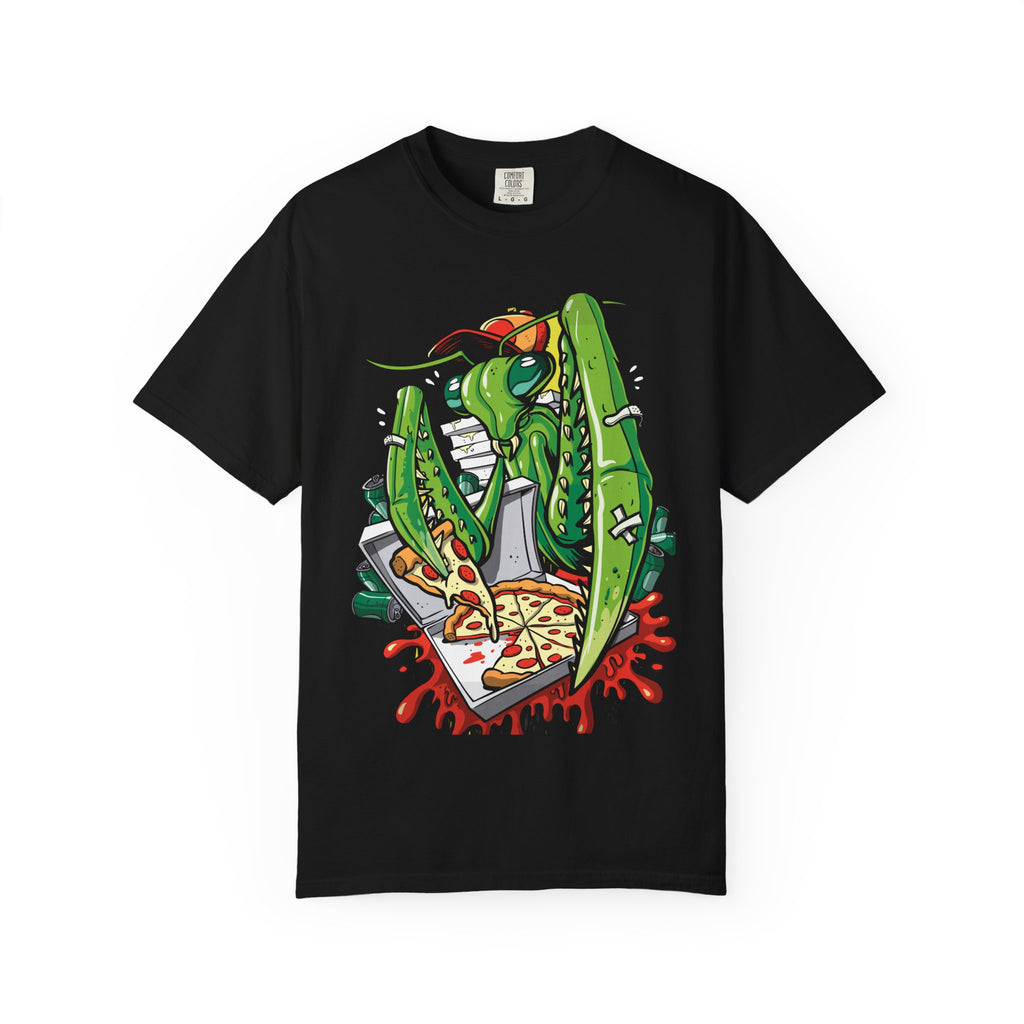 Green Praying Mantis Pizza Tee - Fun Graphic Shirt Design - Sinful Threads