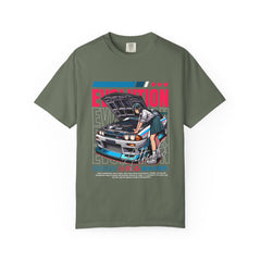 Green t-shirt with a graphic of a person working on a car and the word 'Evolution' printed on it.