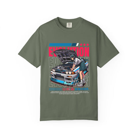 Green t-shirt with a graphic of a person working on a car and the word 'Evolution' printed on it.