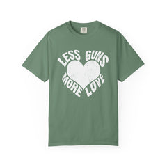 Less Guns More Love Heart Shaped Message Art T-Shirt - Sinful Threads