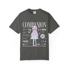 Gray t-shirt with anime character graphic and text on a white background