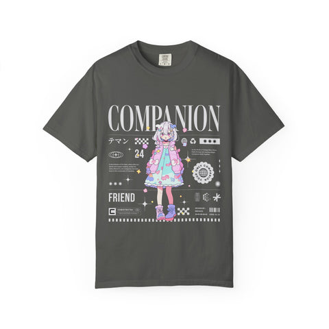 Gray t-shirt with anime character graphic and text on a white background
