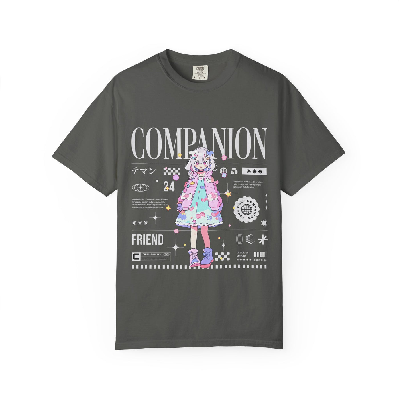 Gray t-shirt with anime character graphic and text on a white background
