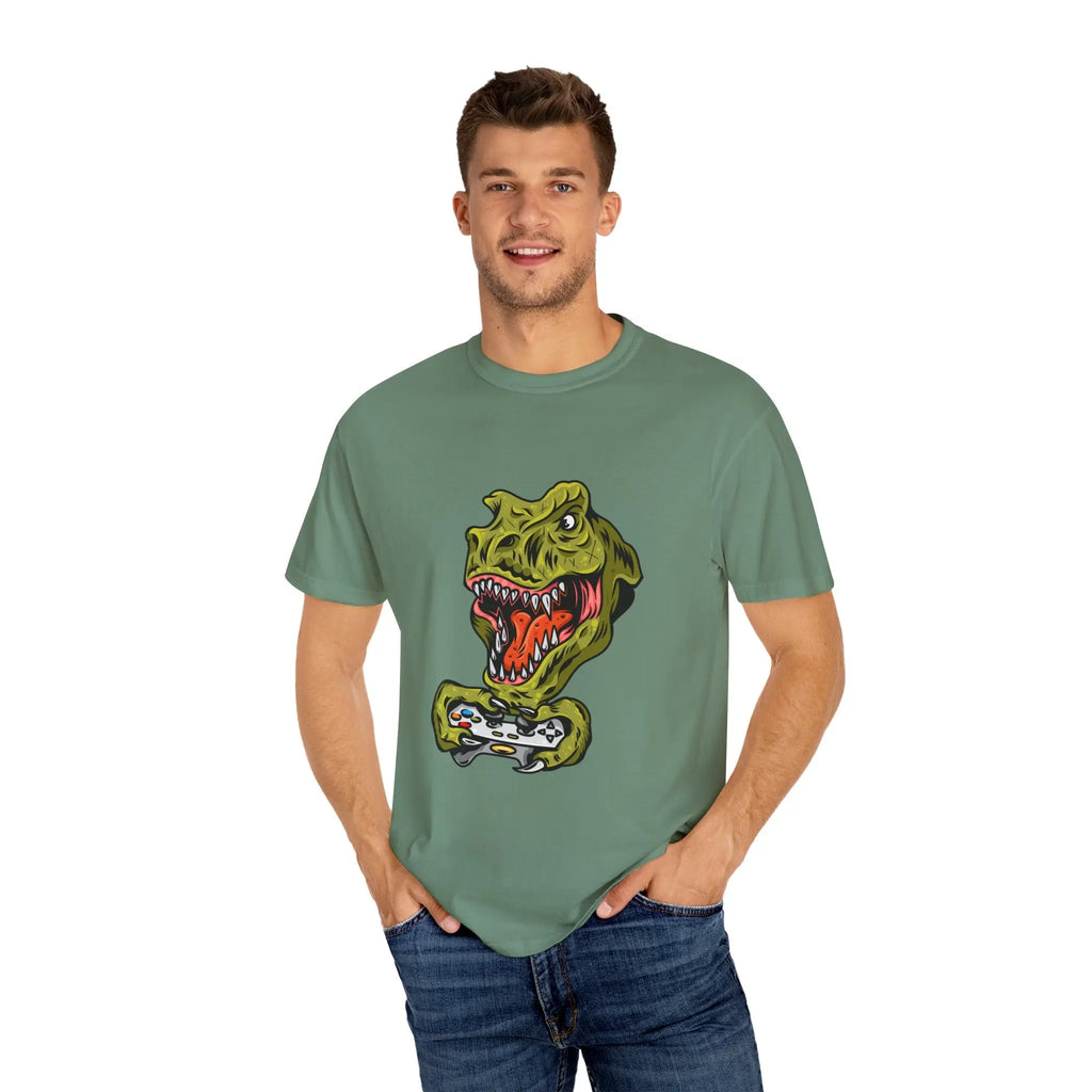 Dino Gamer Rex with Controller Video Game Fan T-Shirt - Sinful Threads