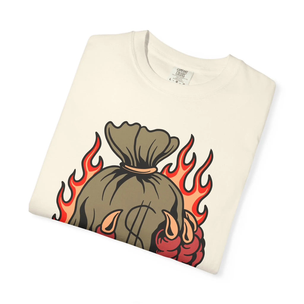 Money Bag Shirt - Devil's Hand Flaming Dollar Tattoo Tee - Sinful Threads