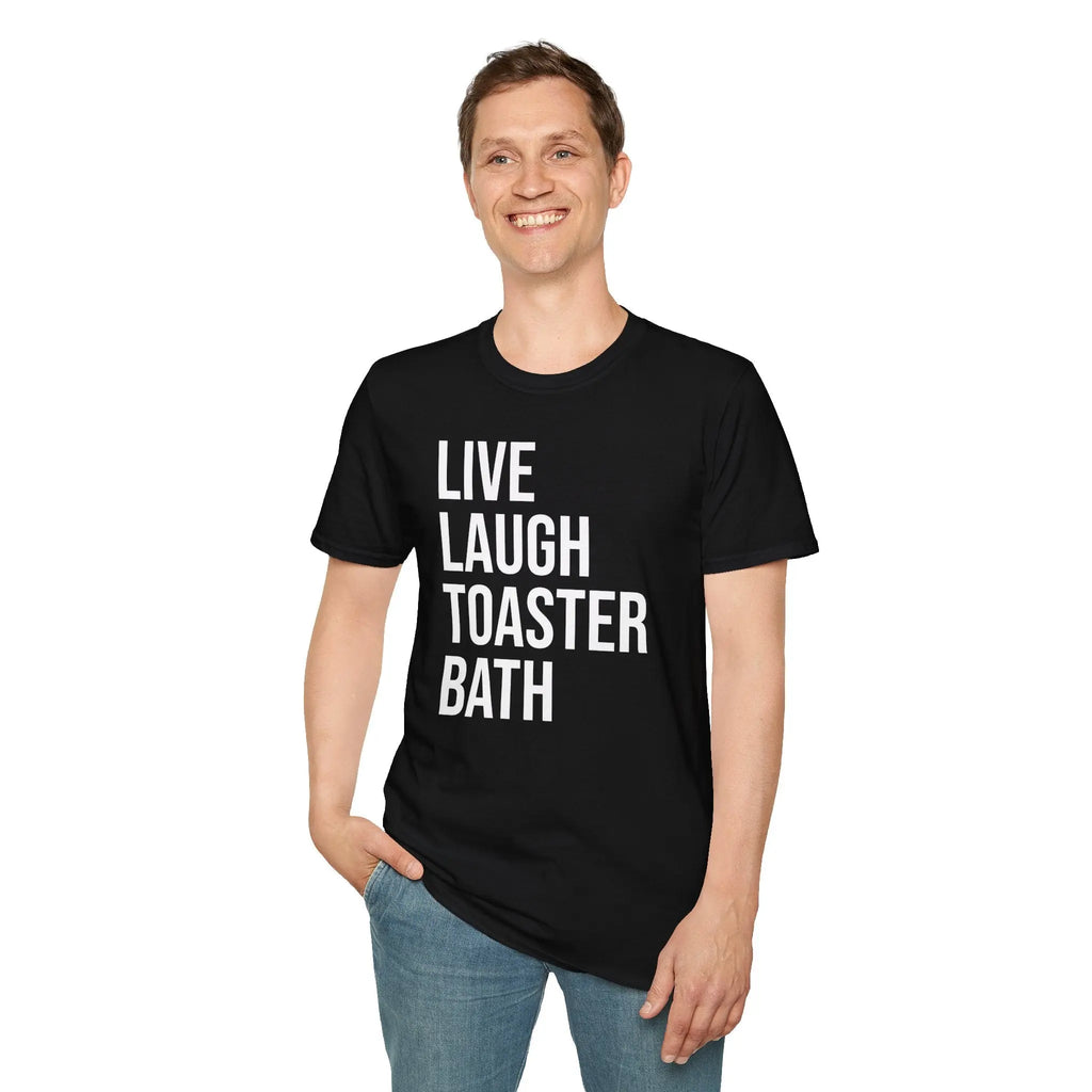 Live Laugh Toaster Bath Tee - Dark Humor Graphic Parody Shirt Printify
