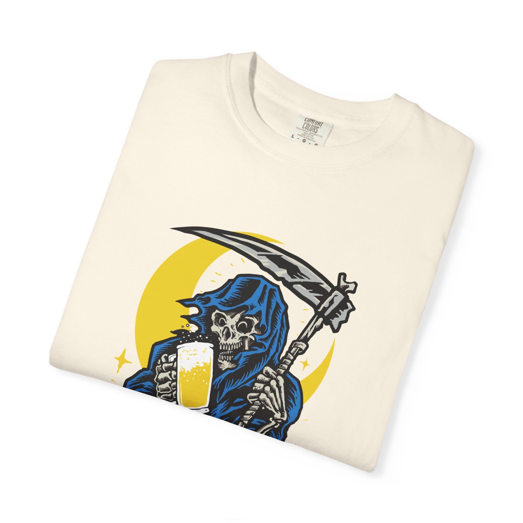 Death Drinks Beer Under The Moon Funny Graphic T-Shirt - Sinful Threads