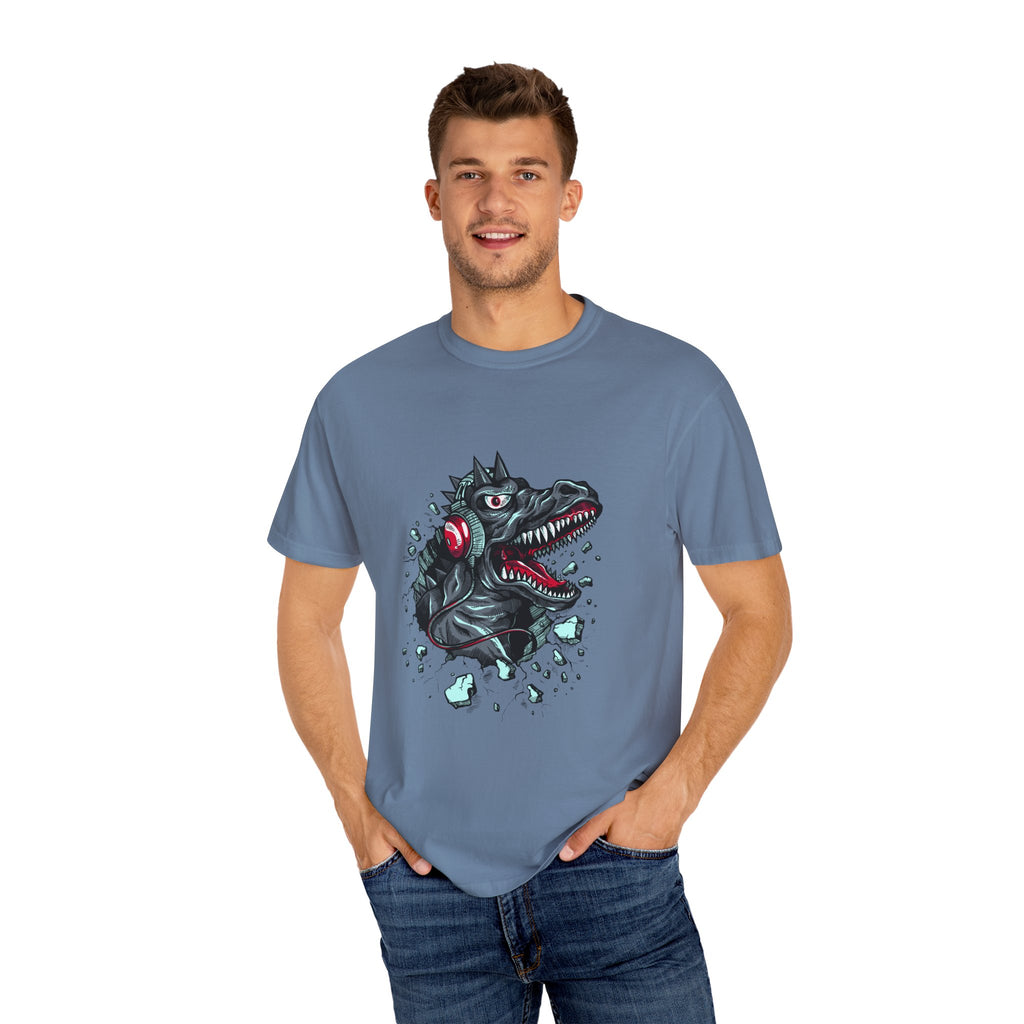 Dinosaur with Headphones Breaking Wall Graphic Design T-Shirt - Sinful Threads