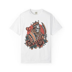 White t-shirt with a skull and heart design on a white background