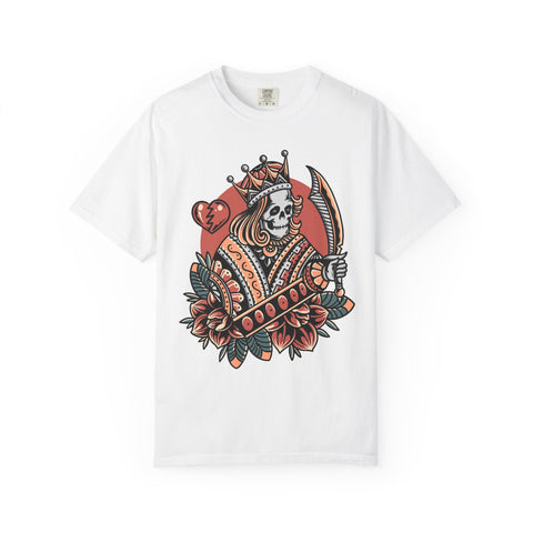 White t-shirt with a skull and heart design on a white background