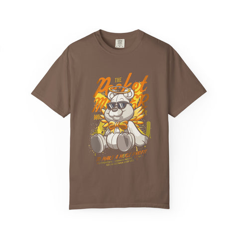 Brown t-shirt with a cartoon character and text on a white background