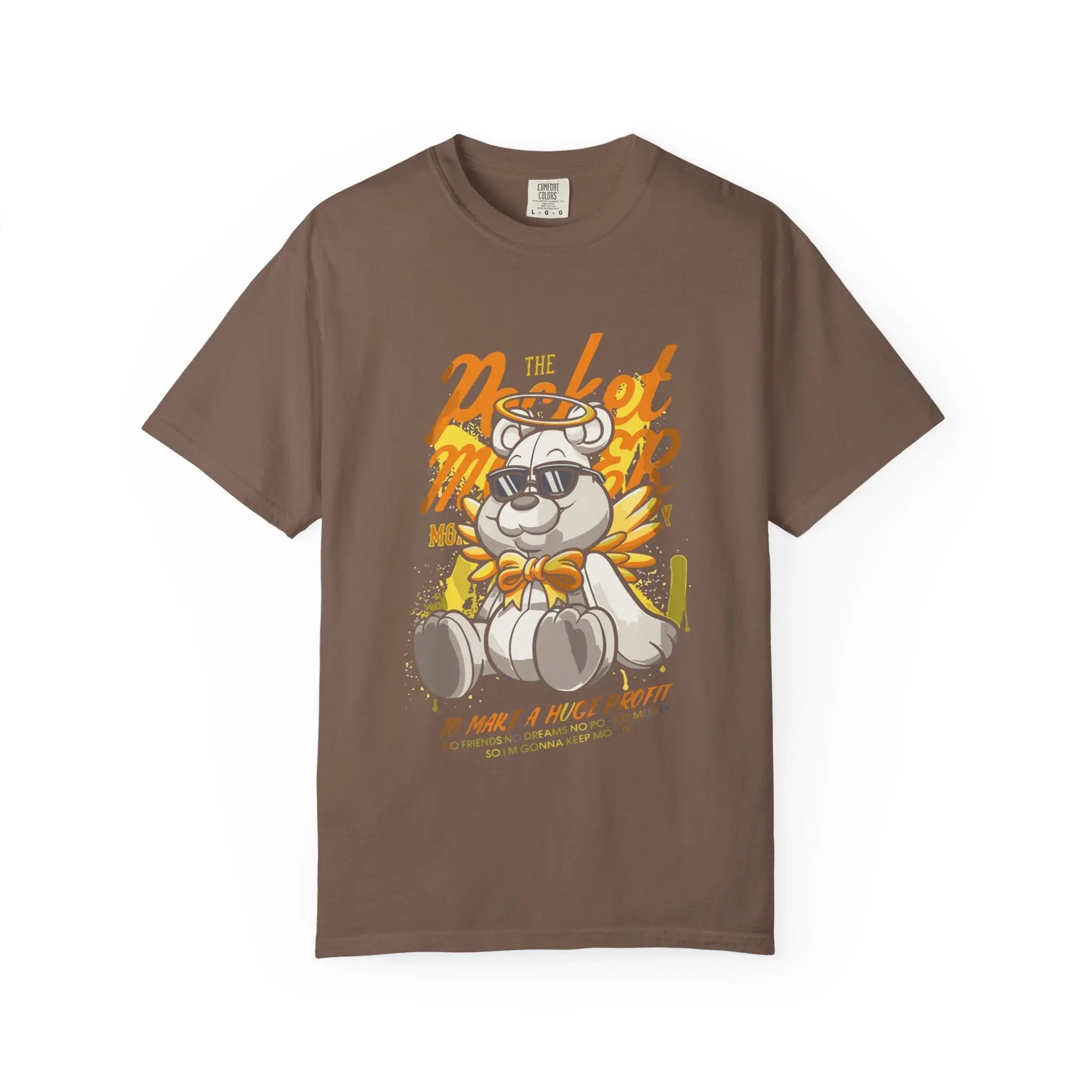 Brown t-shirt with a cartoon character and text on a white background