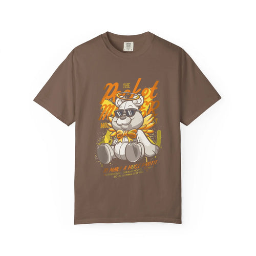 Brown t-shirt with a cartoon character and text on a white background