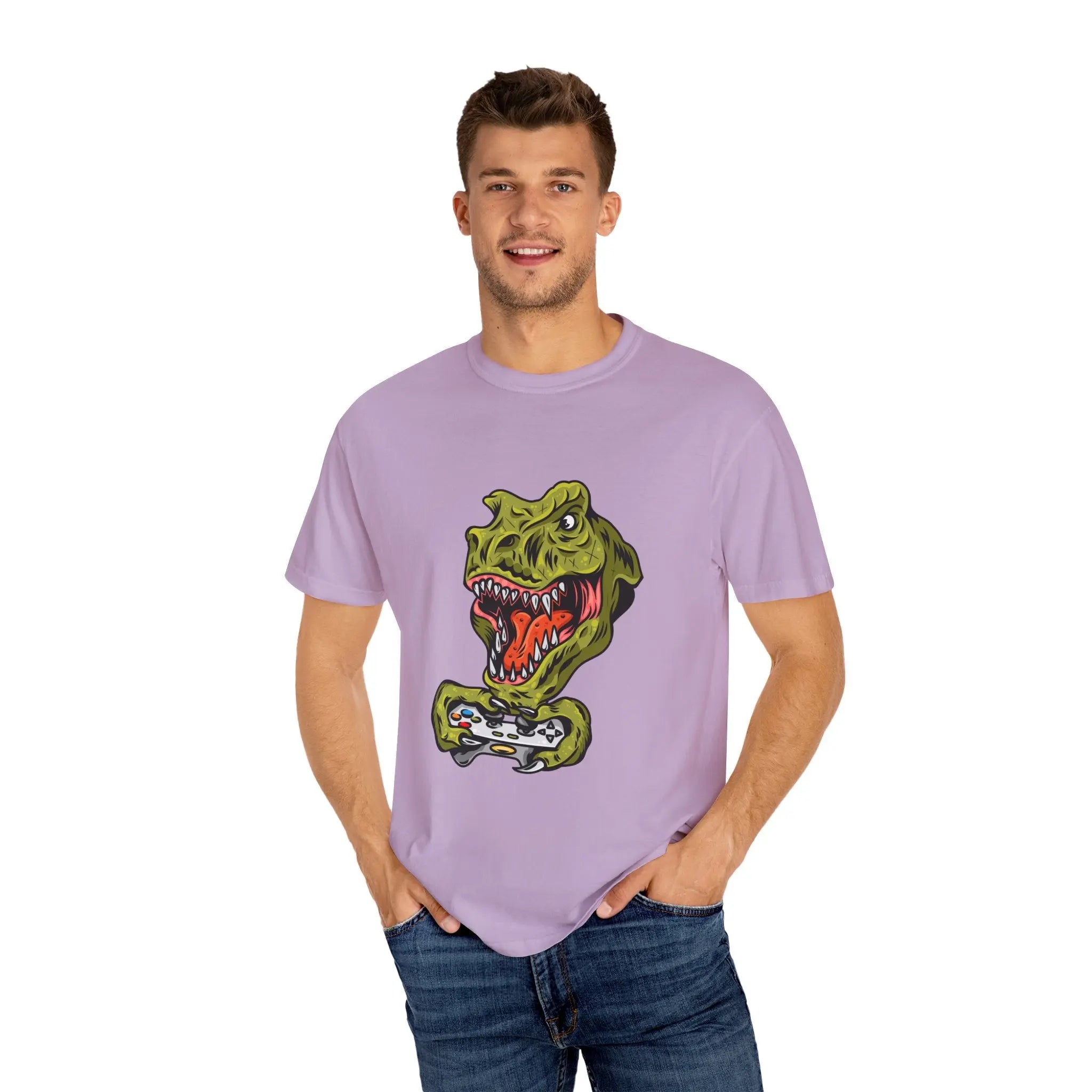 Dino Gamer Rex with Controller Video Game Fan T-Shirt - Sinful Threads