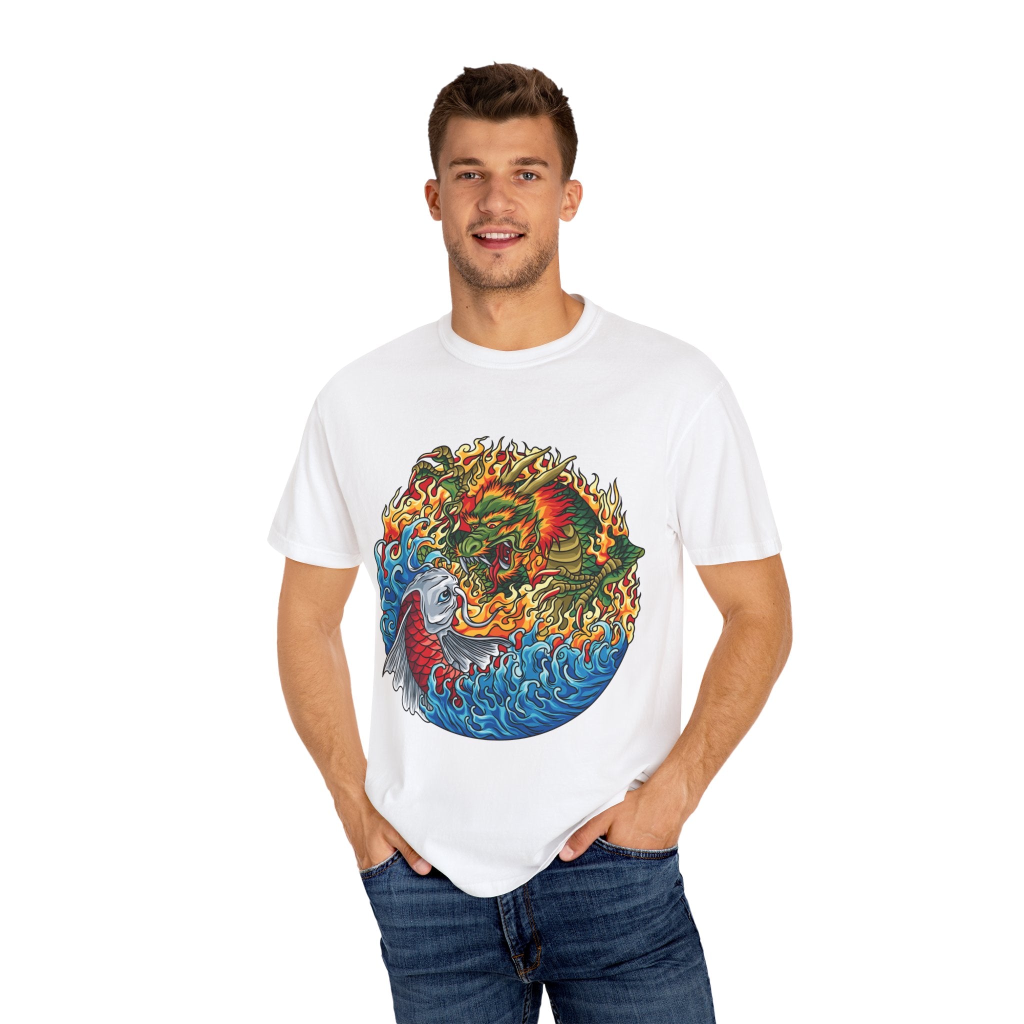 Japanese Dragon Tee - Fire Water Mythical - Koi Art Gift - Sinful Threads