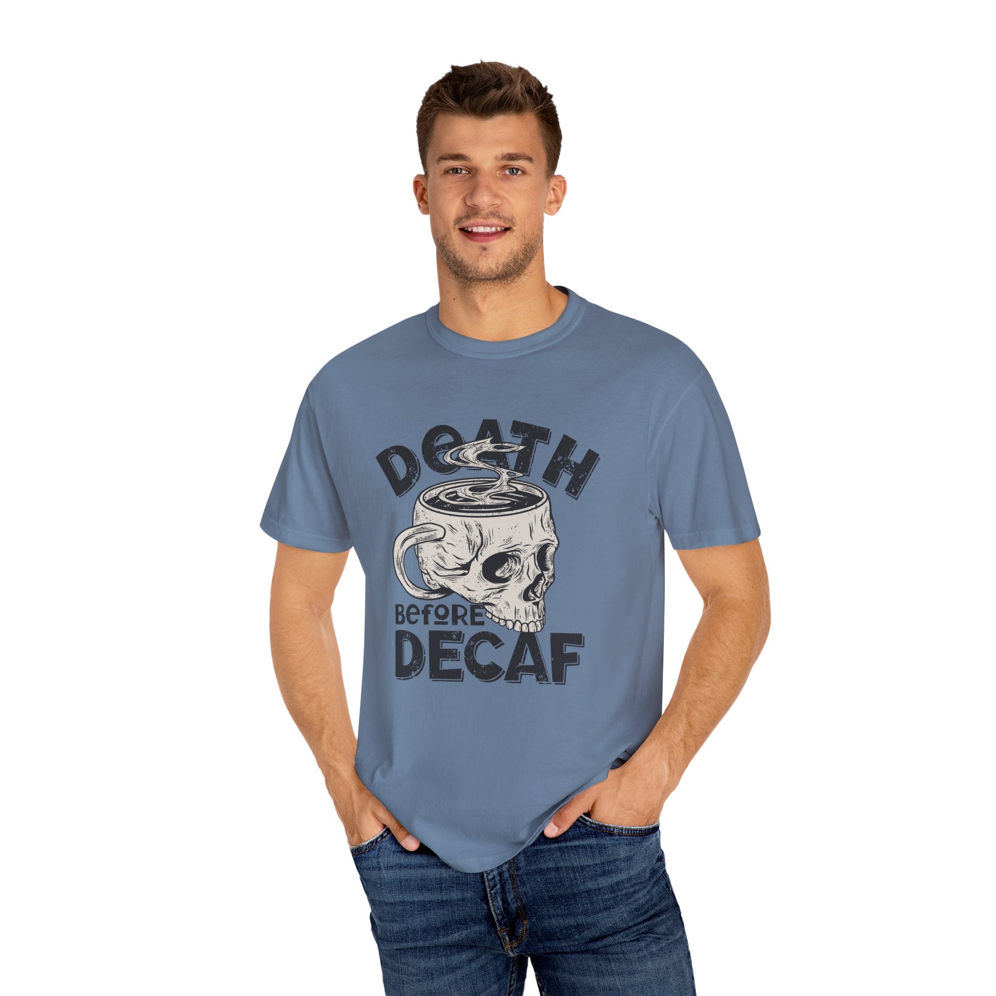 Coffee Skull Shirt - Death Before Decaf - Funny Caffeine Gift - Sinful Threads