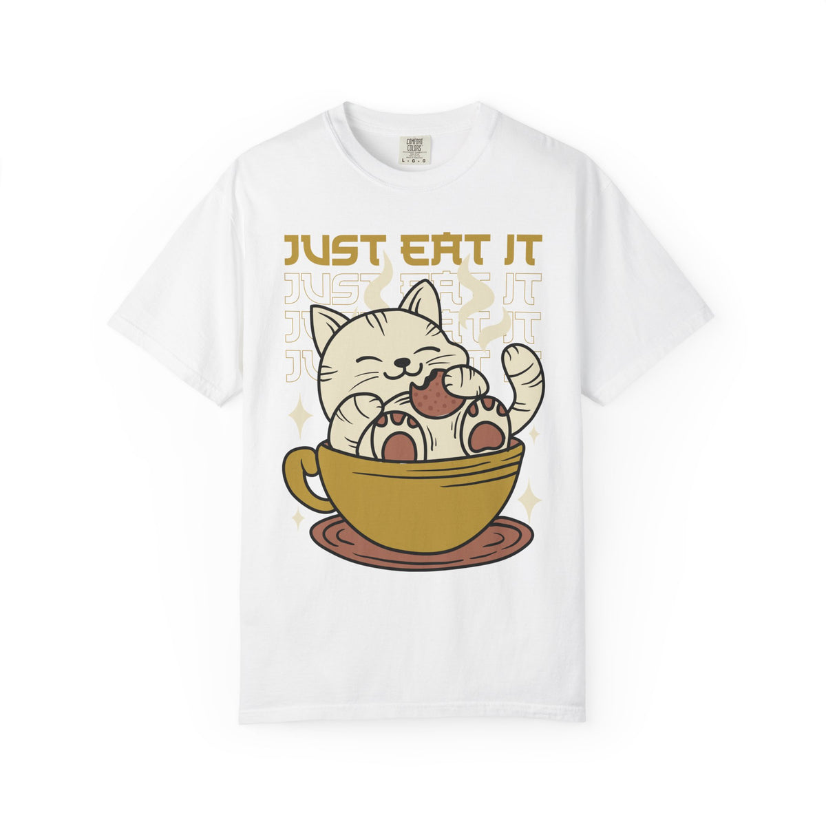 White t-shirt with a cat in a teacup graphic and 'Just Eat It' text on a white background