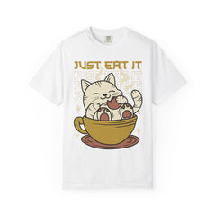 White t-shirt with a cat in a teacup graphic and 'Just Eat It' text on a white background