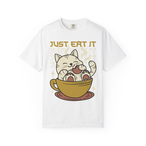 White t-shirt with a cat in a teacup graphic and 'Just Eat It' text on a white background