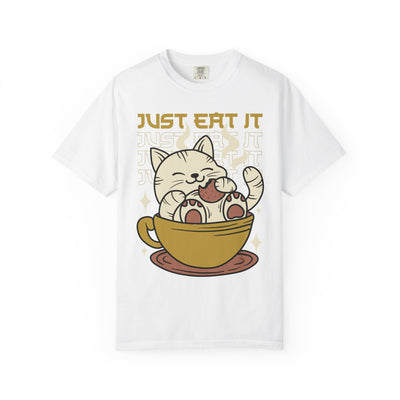 White t-shirt with a cat in a teacup graphic and 'Just Eat It' text on a white background