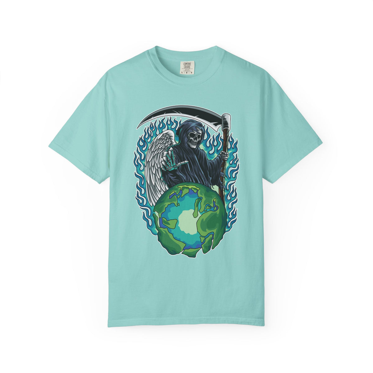 Grim Reaper Tee – Blue Flames Skull Gothic Death Shirt