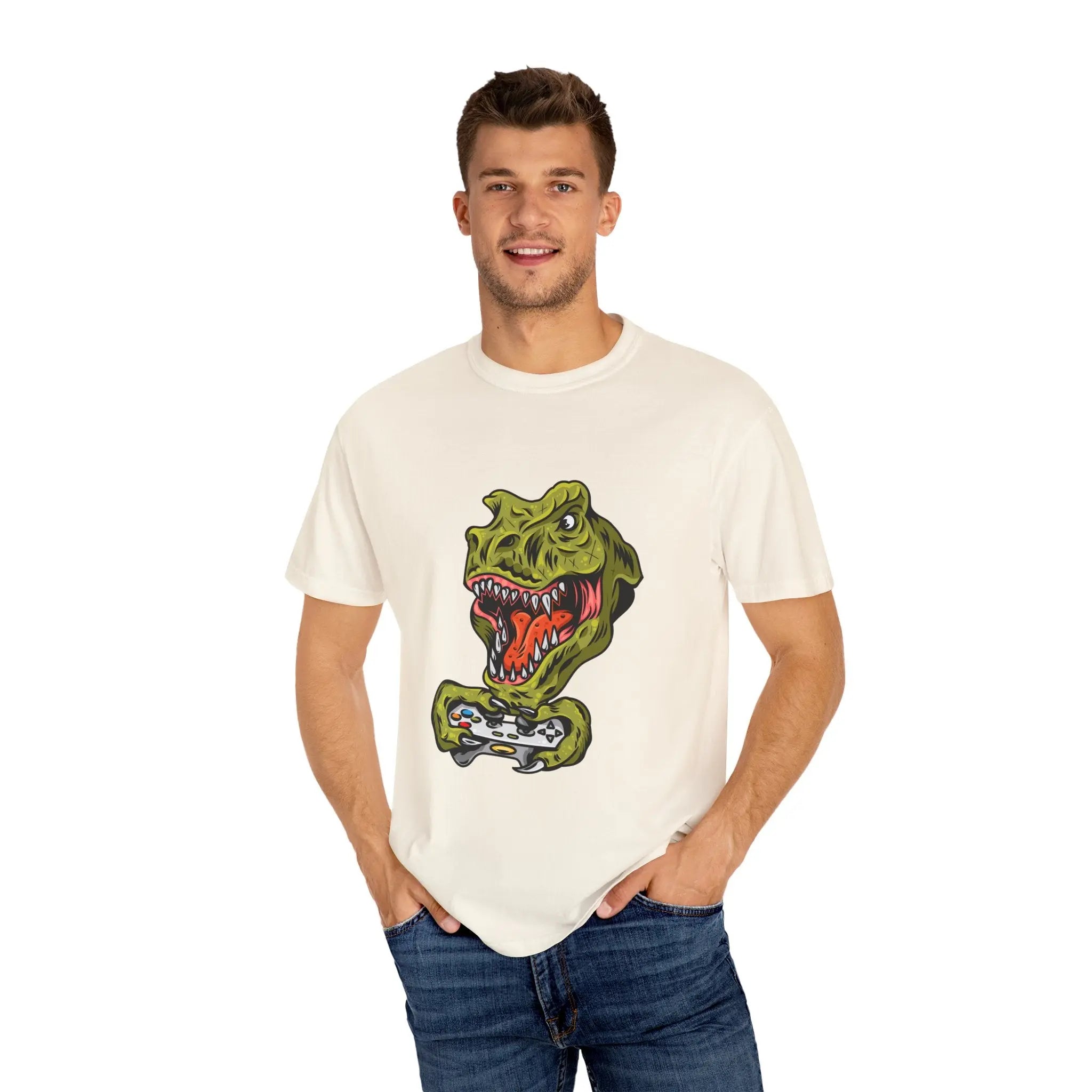 Dino Gamer Rex with Controller Video Game Fan T-Shirt - Sinful Threads