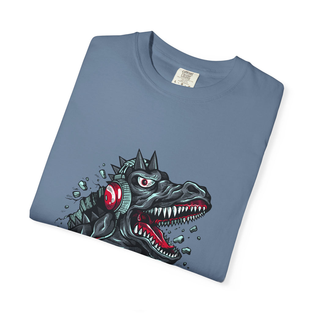 Dinosaur with Headphones Breaking Wall Graphic Design T-Shirt - Sinful Threads