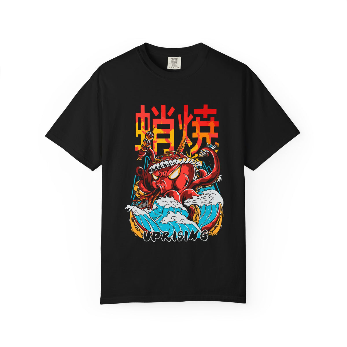 Black t-shirt with a colorful graphic design featuring a red creature and text on a white background