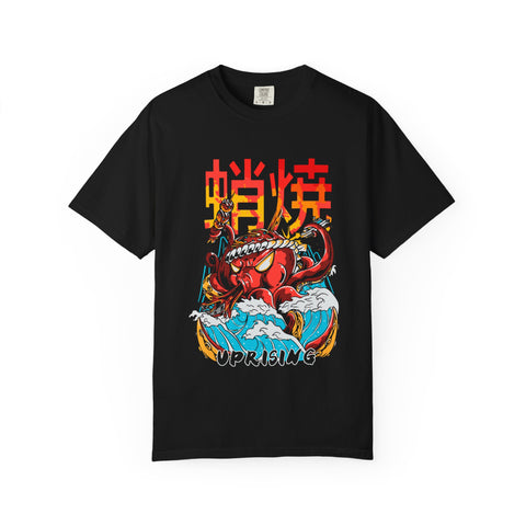 Black t-shirt with a colorful graphic design featuring a red creature and text on a white background