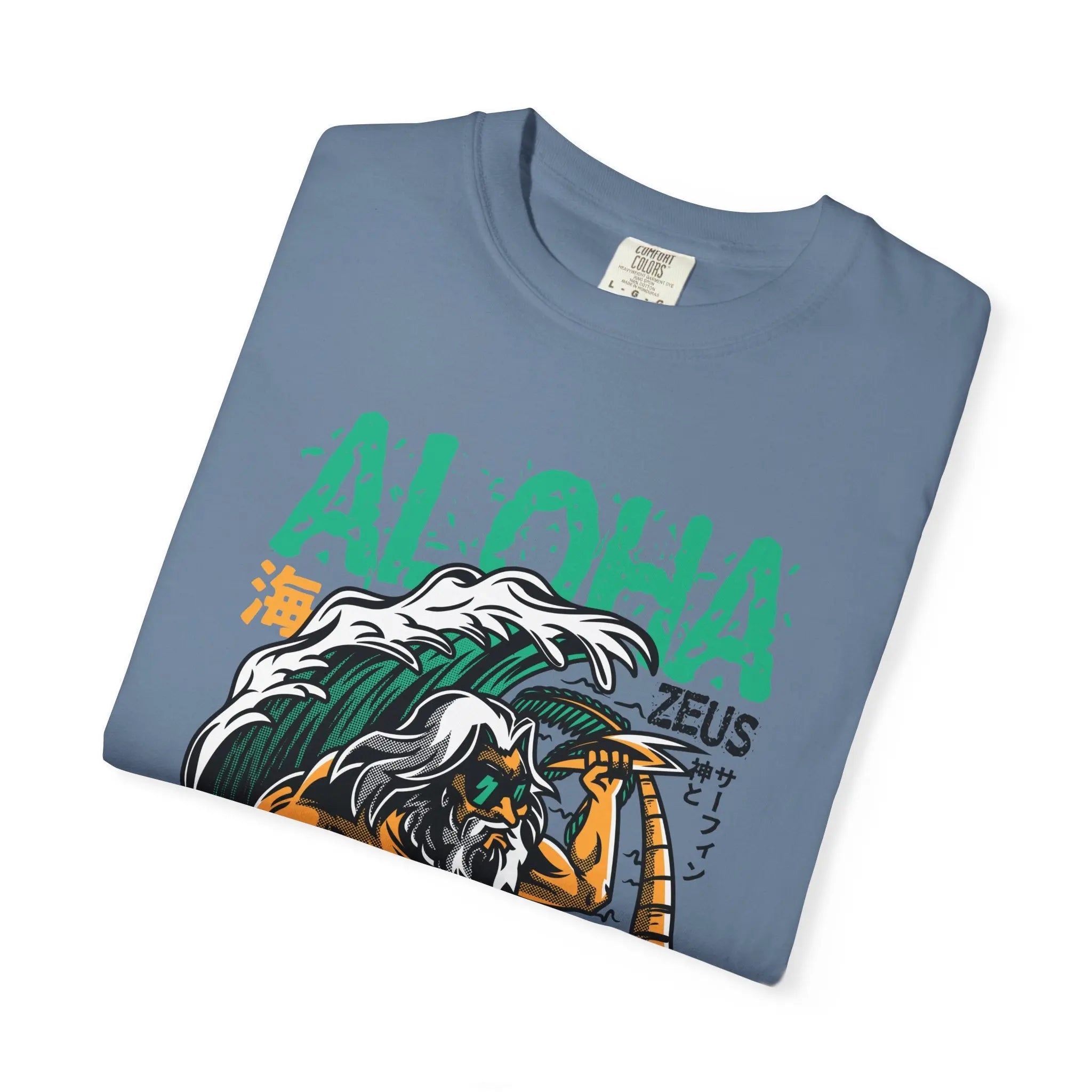 Zeus Surfing Illustration Graphic Design Aloha Text T-Shirt - Sinful Threads