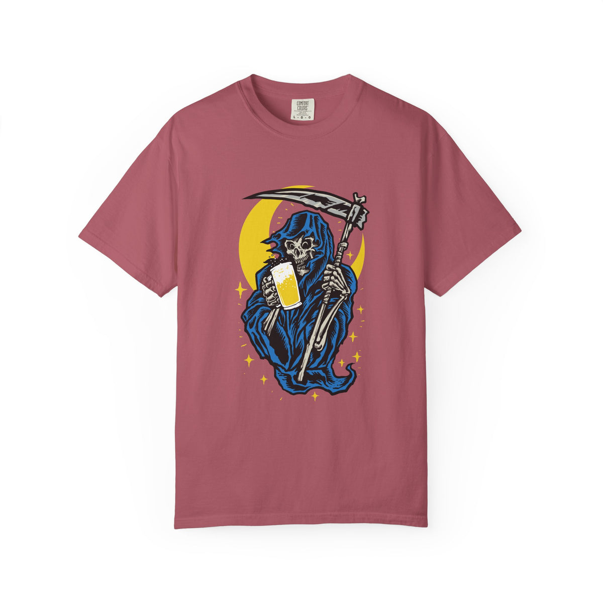 Death Drinks Beer Under The Moon Funny Graphic T-Shirt