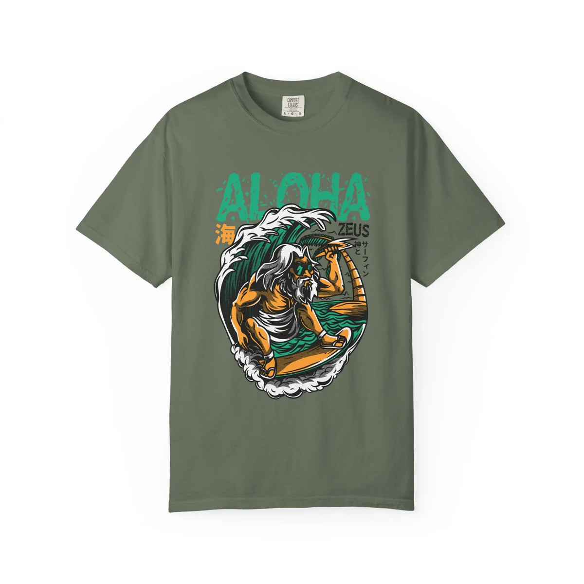 Zeus Surfing Illustration Graphic Design Aloha Text T-Shirt - Sinful Threads