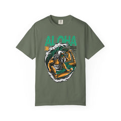 Zeus Surfing Illustration Graphic Design Aloha Text T-Shirt - Sinful Threads