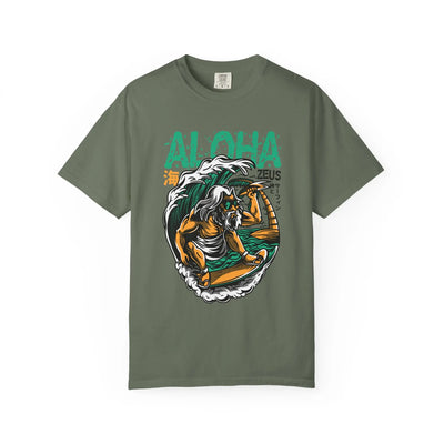 Zeus Surfing Illustration Graphic Design Aloha Text T-Shirt - Sinful Threads