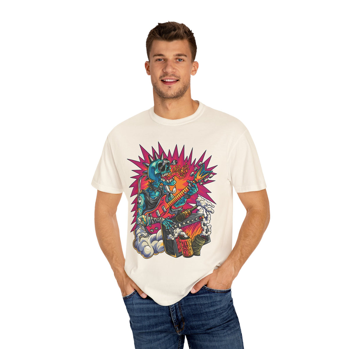 Rock Skull Guitarist Tee – Punk Metal Skeleton Shirt