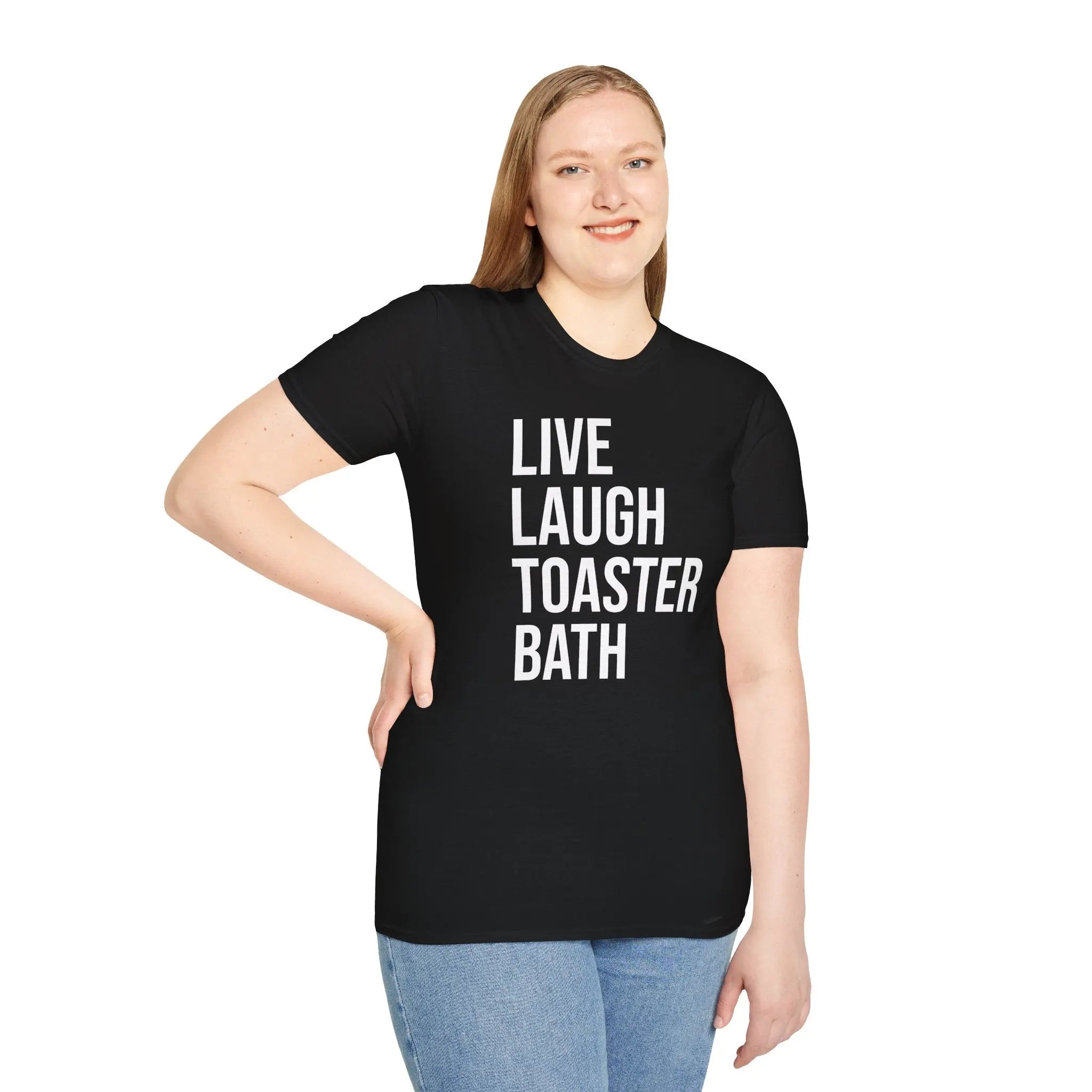 Live Laugh Toaster Bath Tee - Dark Humor Graphic Parody Shirt Printify