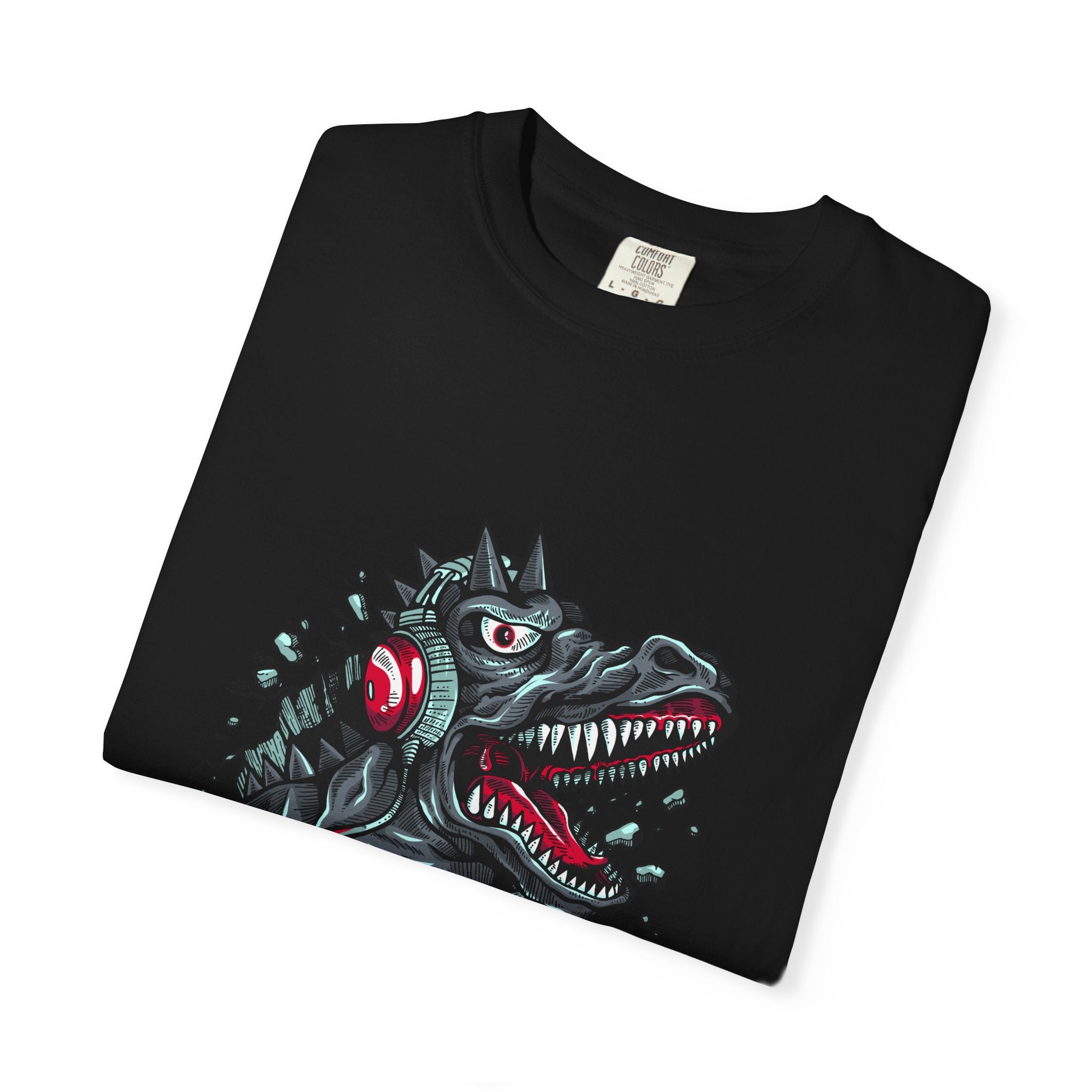 Dinosaur with Headphones Breaking Wall Graphic Design T-Shirt - Sinful Threads