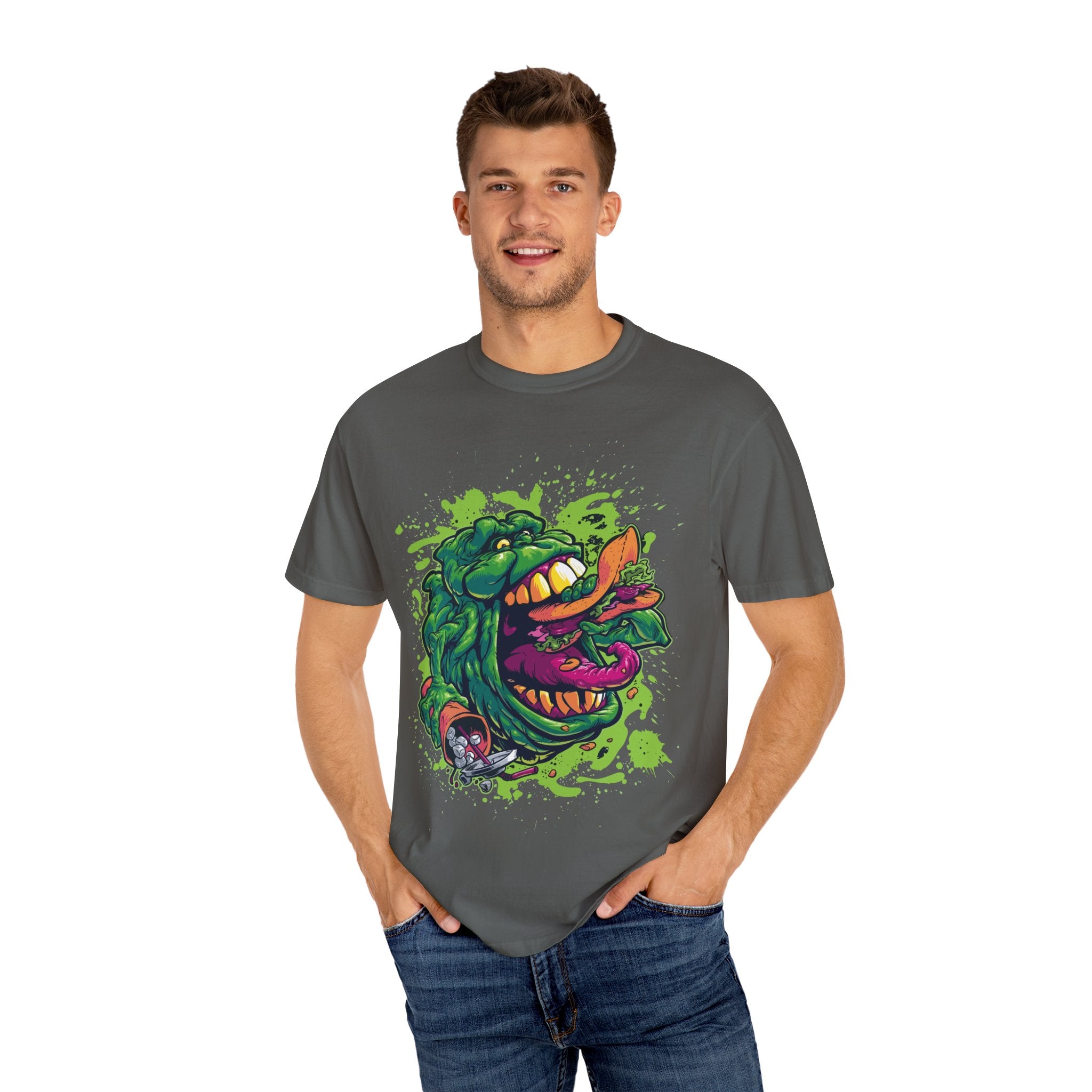 Green Slimy Ghost Tee – 80s Movie Fan Shirt with Humor - Sinful Threads
