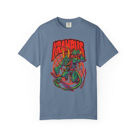 Blue t-shirt with a colorful krampus on a white background