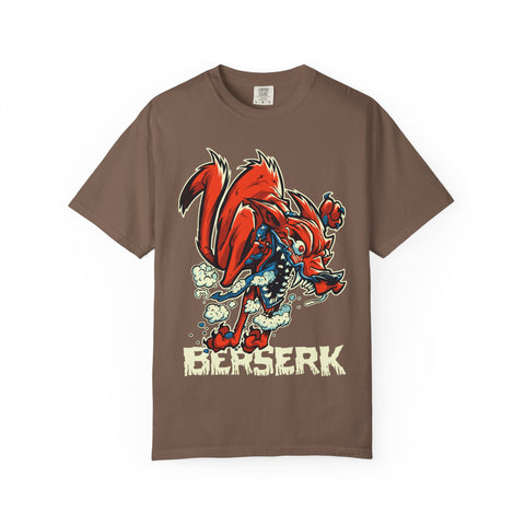 Brown t-shirt with a graphic design and 'Berserk' text on a white background