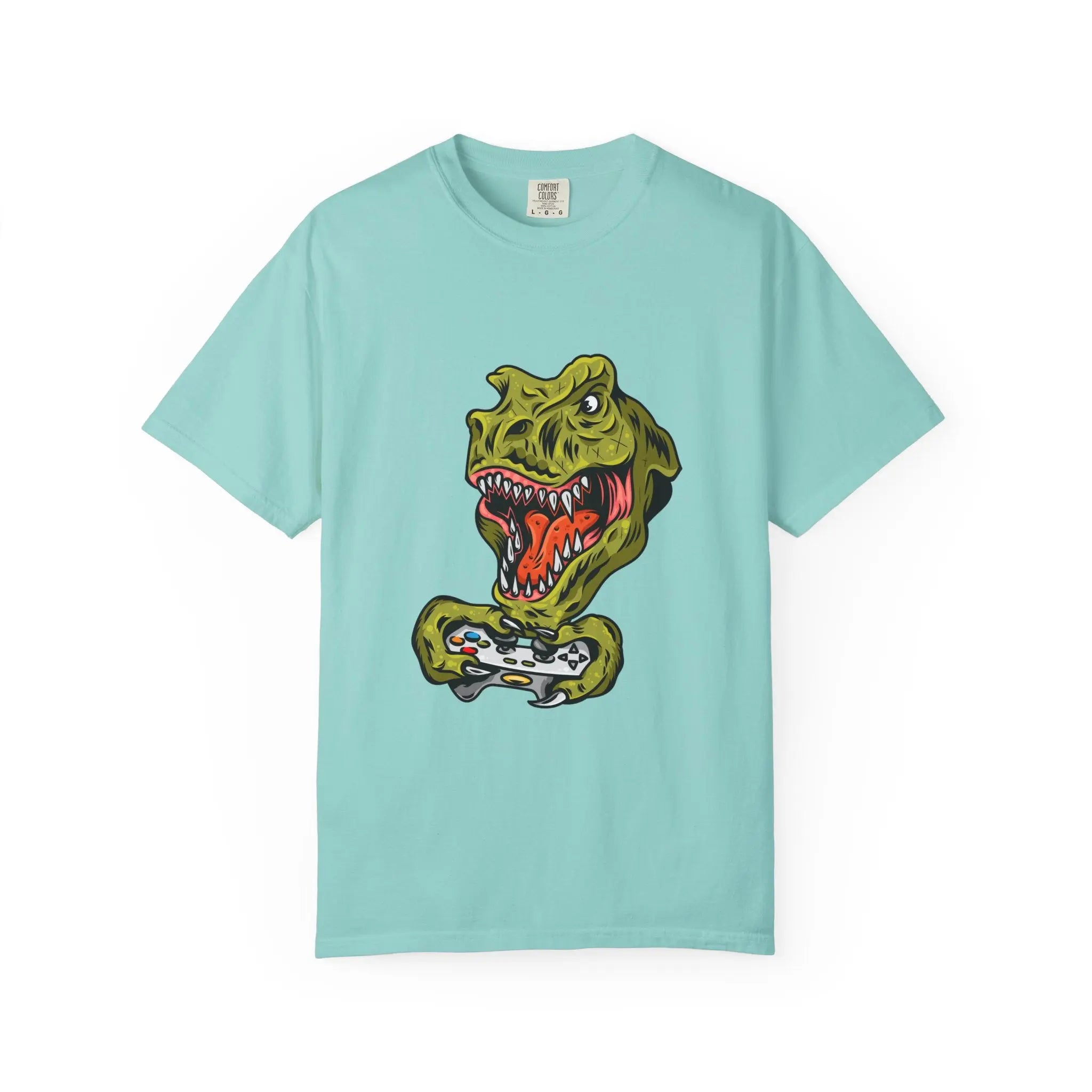 Dino Gamer Rex with Controller Video Game Fan T-Shirt - Sinful Threads