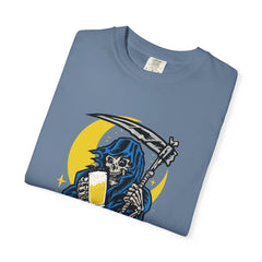 Death Drinks Beer Under The Moon Funny Graphic T-Shirt