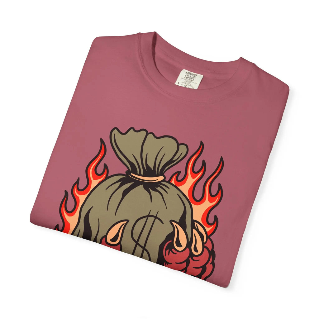 Money Bag Shirt - Devil's Hand Flaming Dollar Tattoo Tee - Sinful Threads